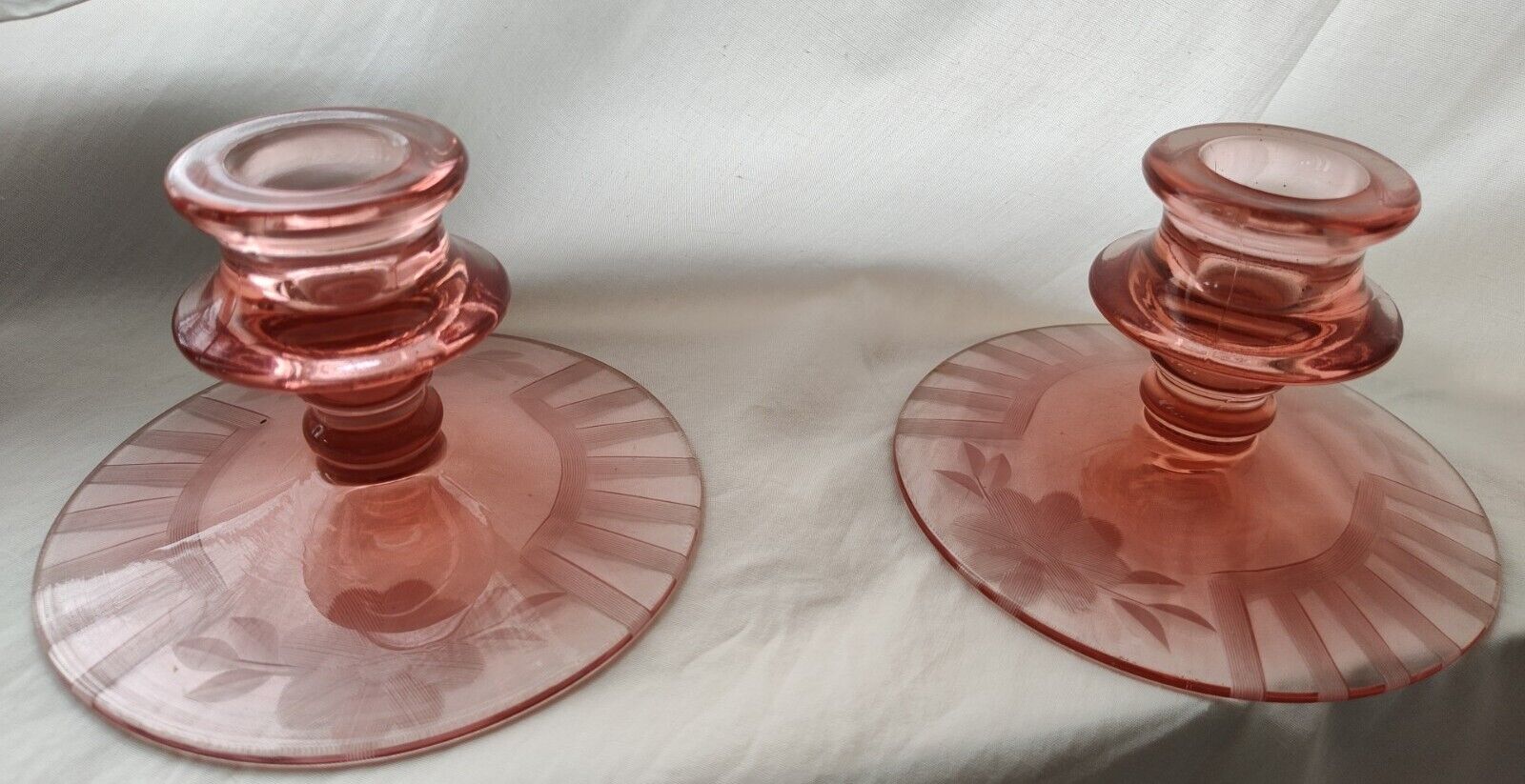 STUNNING Pair of Vintage Pink Etched Depression Glass Candle Holders 
