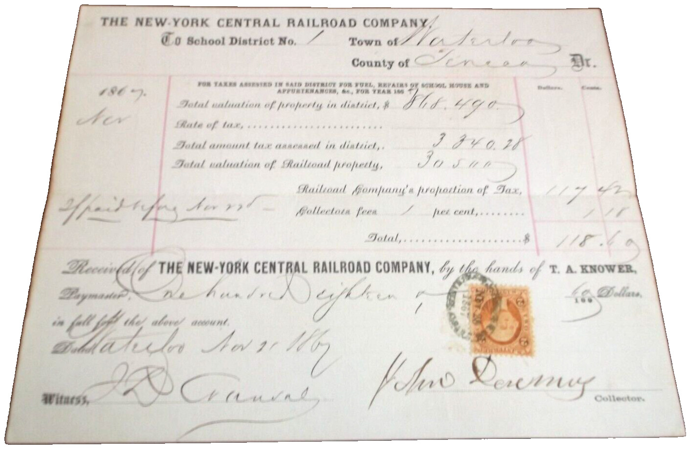 OCTOBER 1867 NEW YORK CENTRAL NYC RAILROAD TAX BILL WATERLOO SCHOOL DISTRICT