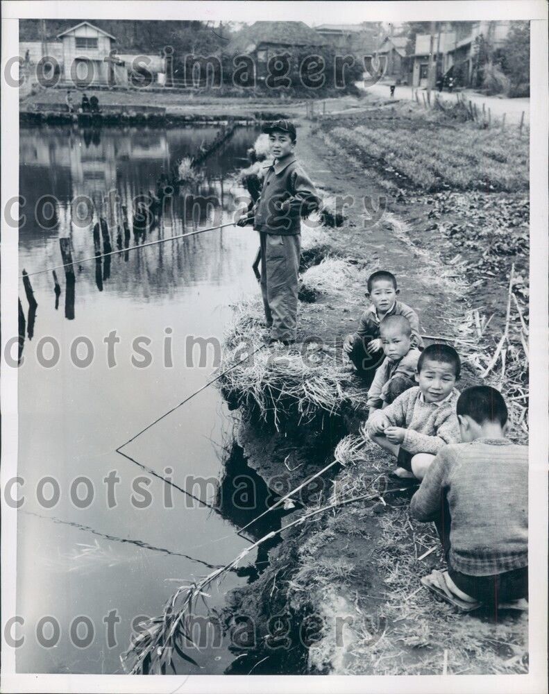 1950 Cute Japanese Children Fishing Post WWII Press Photo