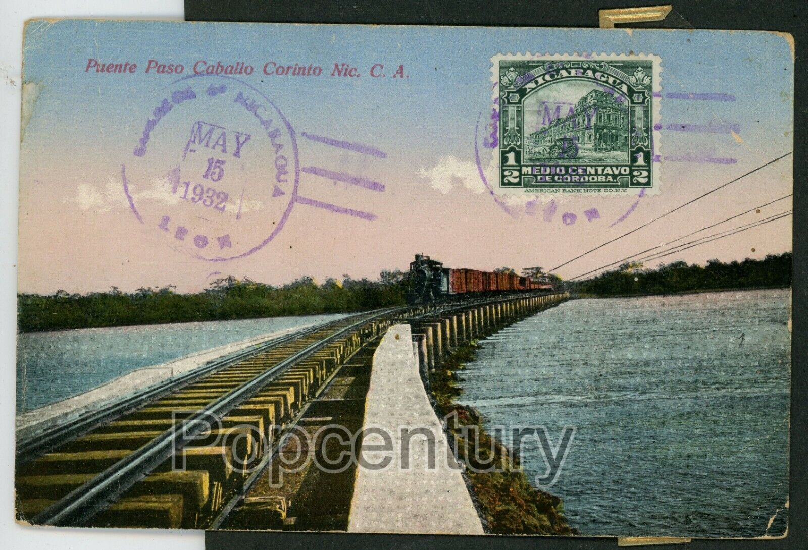 Postcard 1932 Nicaragua Corinto Rail Puente Paso Caballo Posted Leon to Belgium