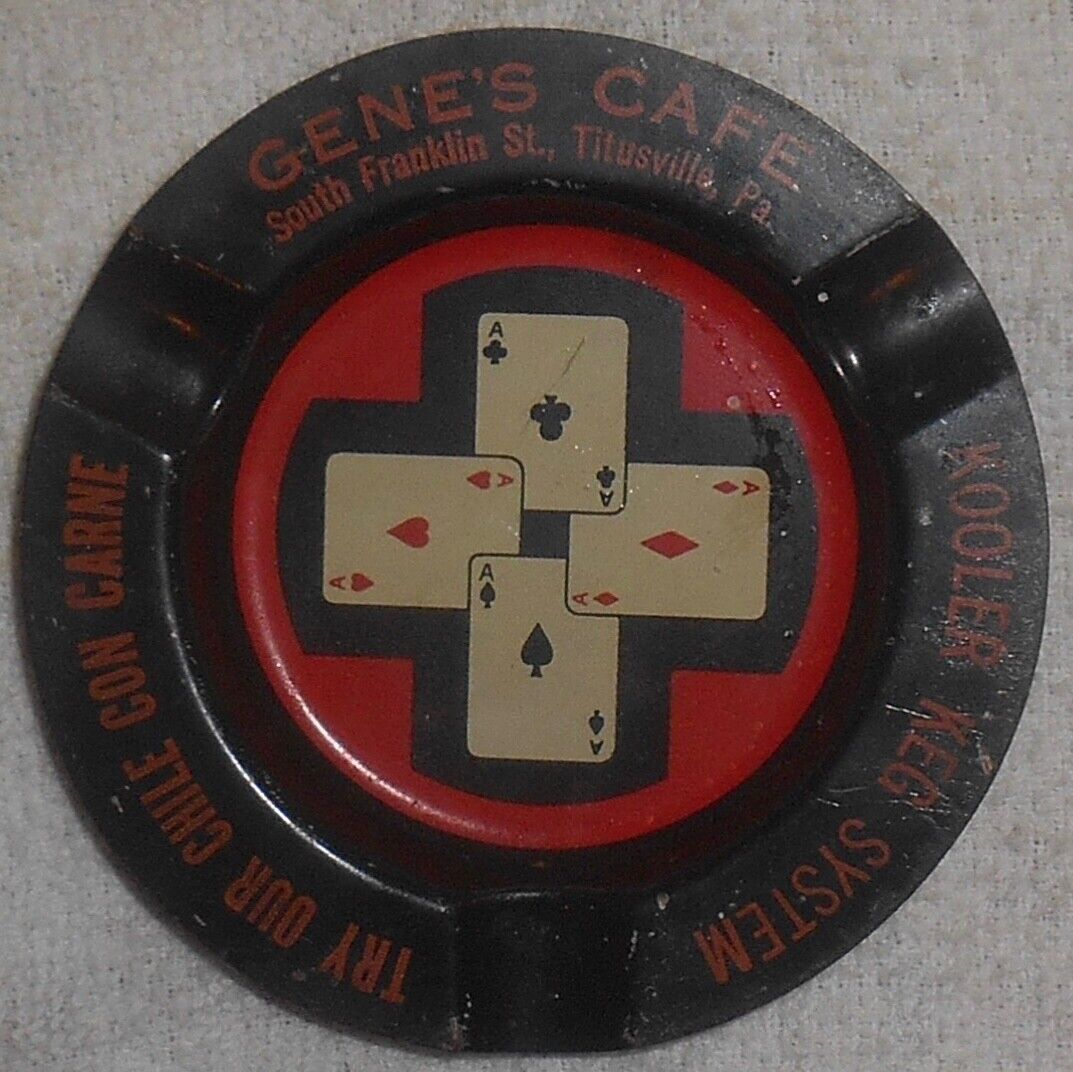 Titusville, Pa Gene\'s Cafe vintage tin ashtray, 1950\'s