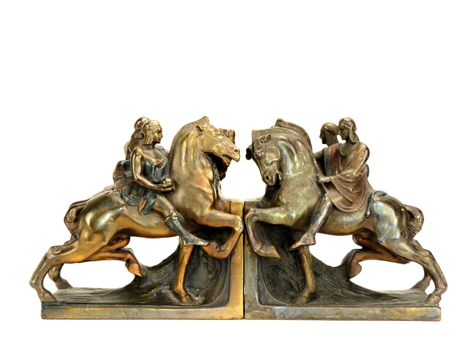 Antique Pair of Homer's Iliad Horseman Pompeian Bronze Bookends w Original Color