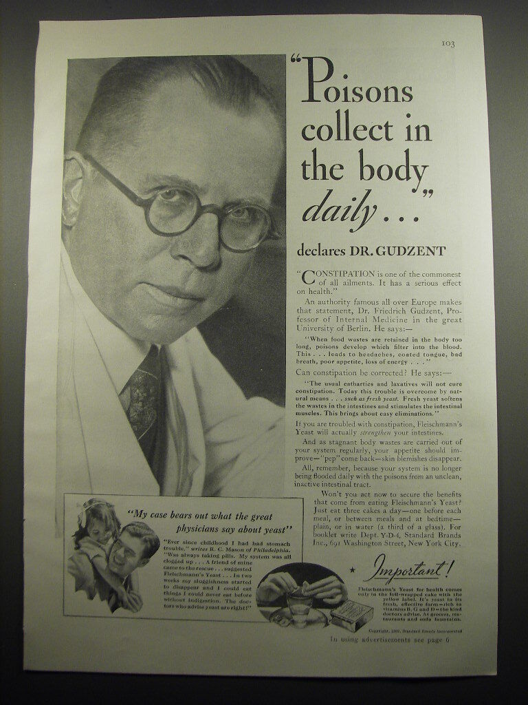 1933 Fleischmann\'s Yeast Ad - Poisons collect in the body daily.. declares Dr.