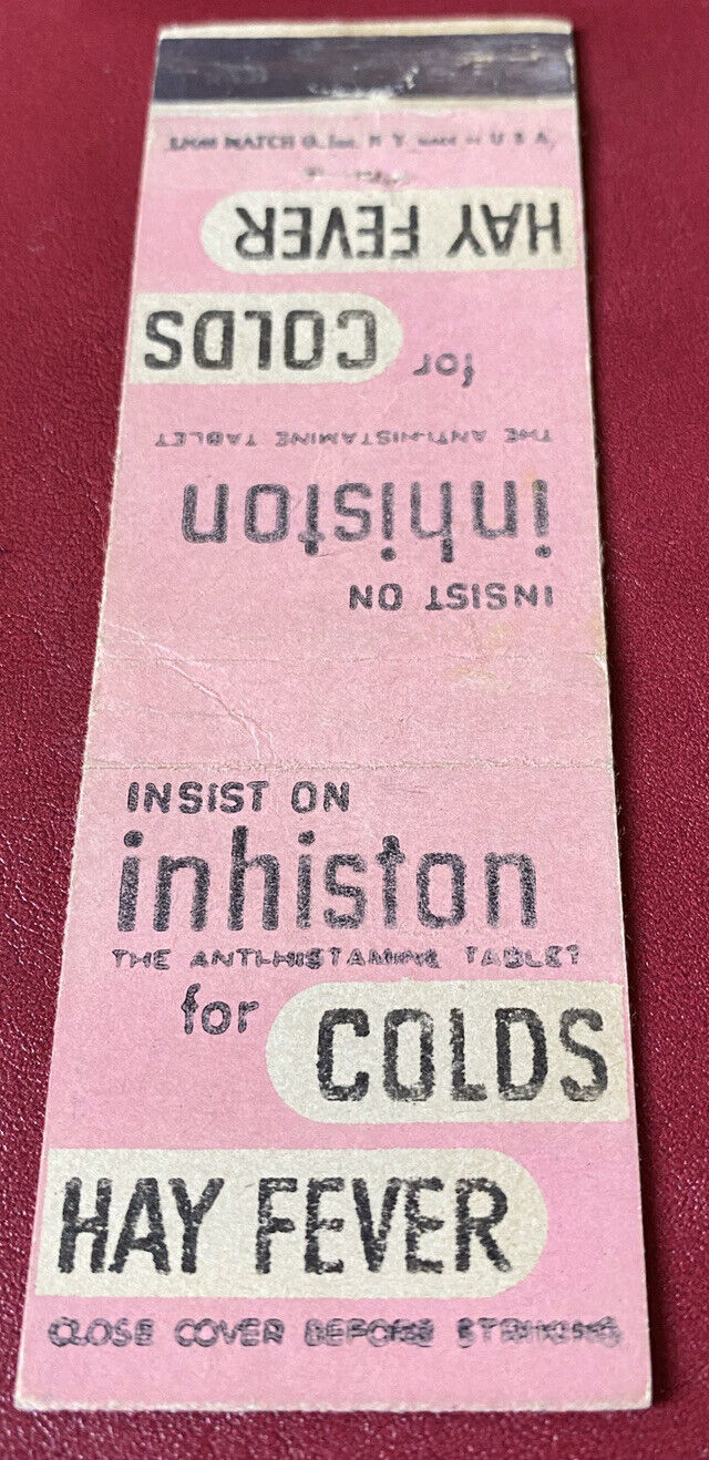 Matchbook Cover Inhiston The Antihistamine For Colds Hay Fever