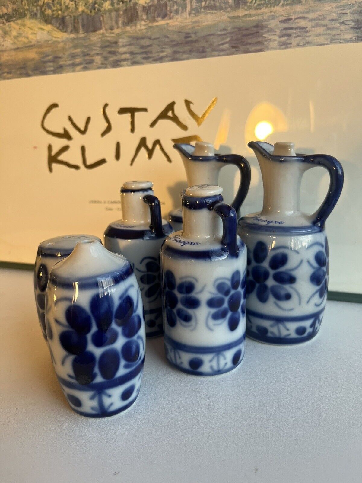 Vintage Porcelana De Monte Saio Condiment Set Blue Flow Creuset Vinager/oil S&P