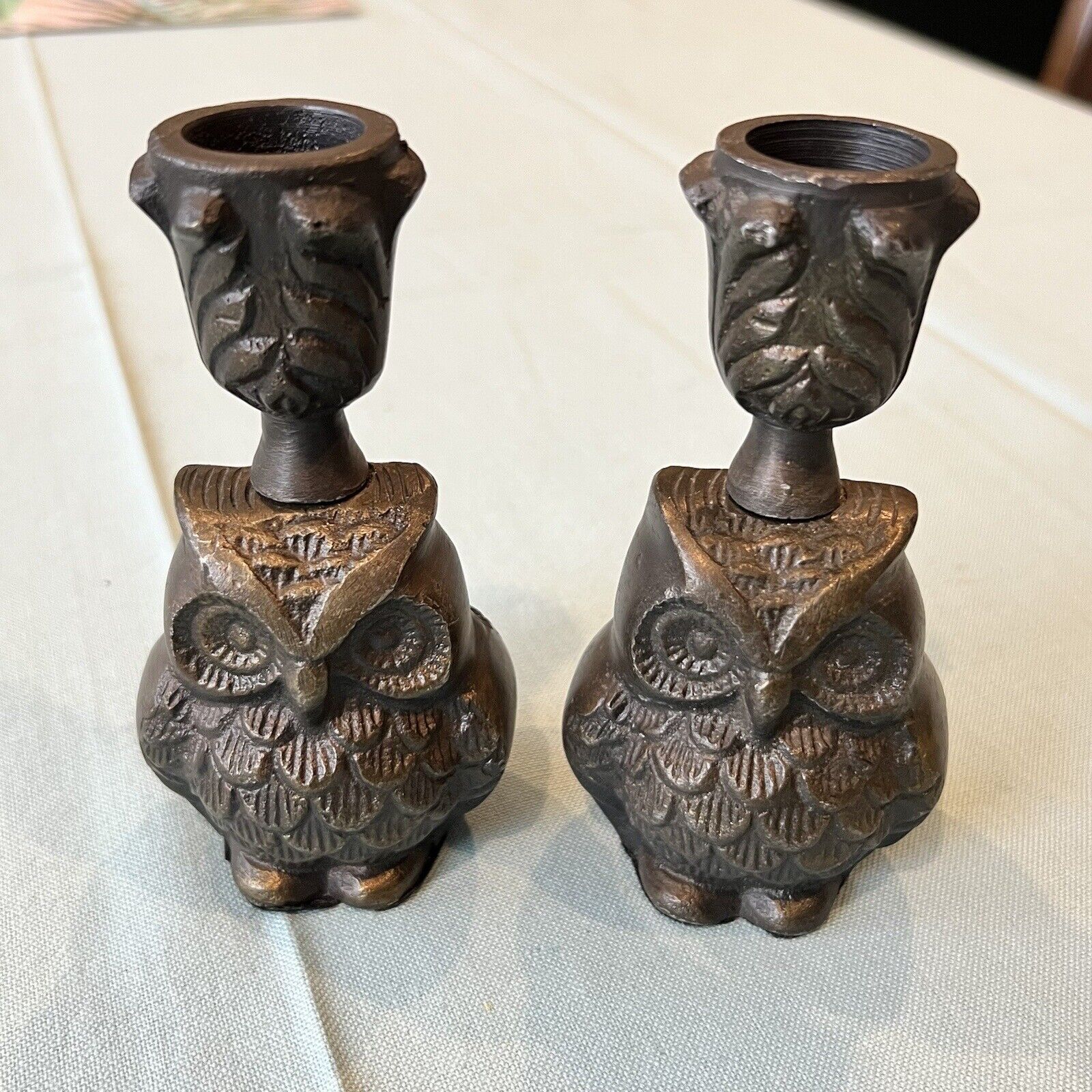 Set of 2 Antique Pair of Metal OWL Candle Holders Rare 4.75”