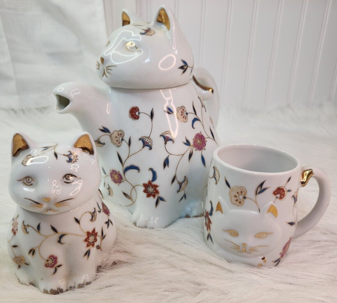 White Gold Floral Kitty Cat Teapot, Teacup & Sugar Dish Henriksen Imports Japan