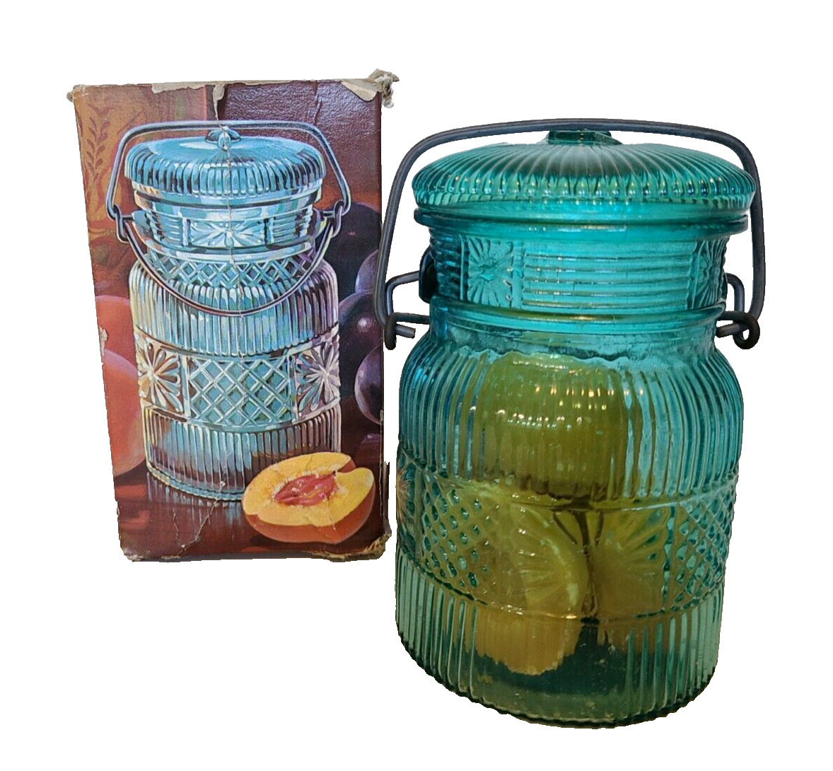 Vintage 70s Avon Country Peaches Soap in Blue Jar mason jar w/ bail & 6 Soaps
