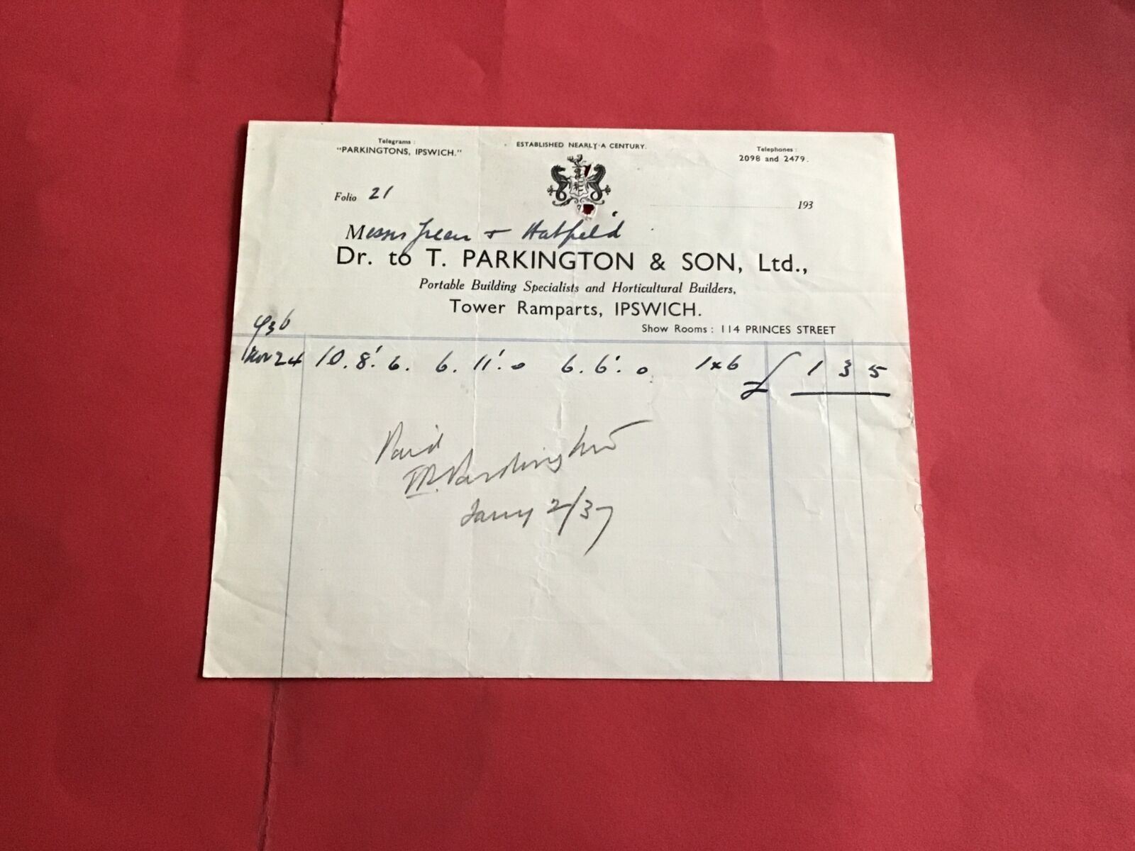 T Parkinson & Son Ltd Ipswich Portable Building Specialists 1936 receipt R36526
