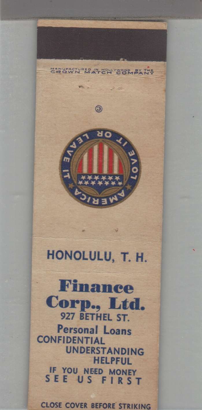 Matchbook Cover - Territory of Hawaii Finance Cop Honolulu, HI