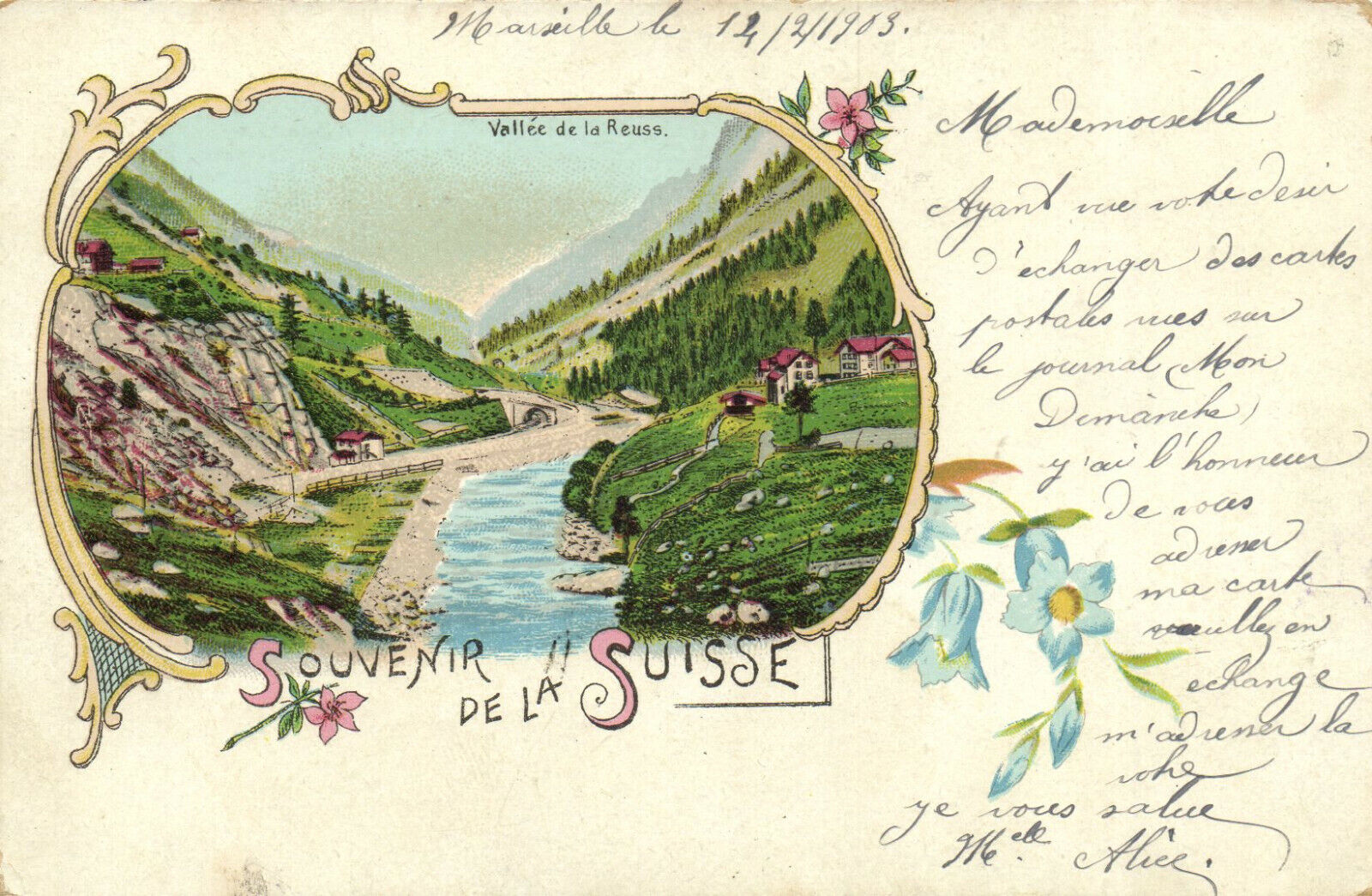 PC SWITZERLAND, VALLÉE DE LA REUSS, Vintage LITHO Postcard (b29465)
