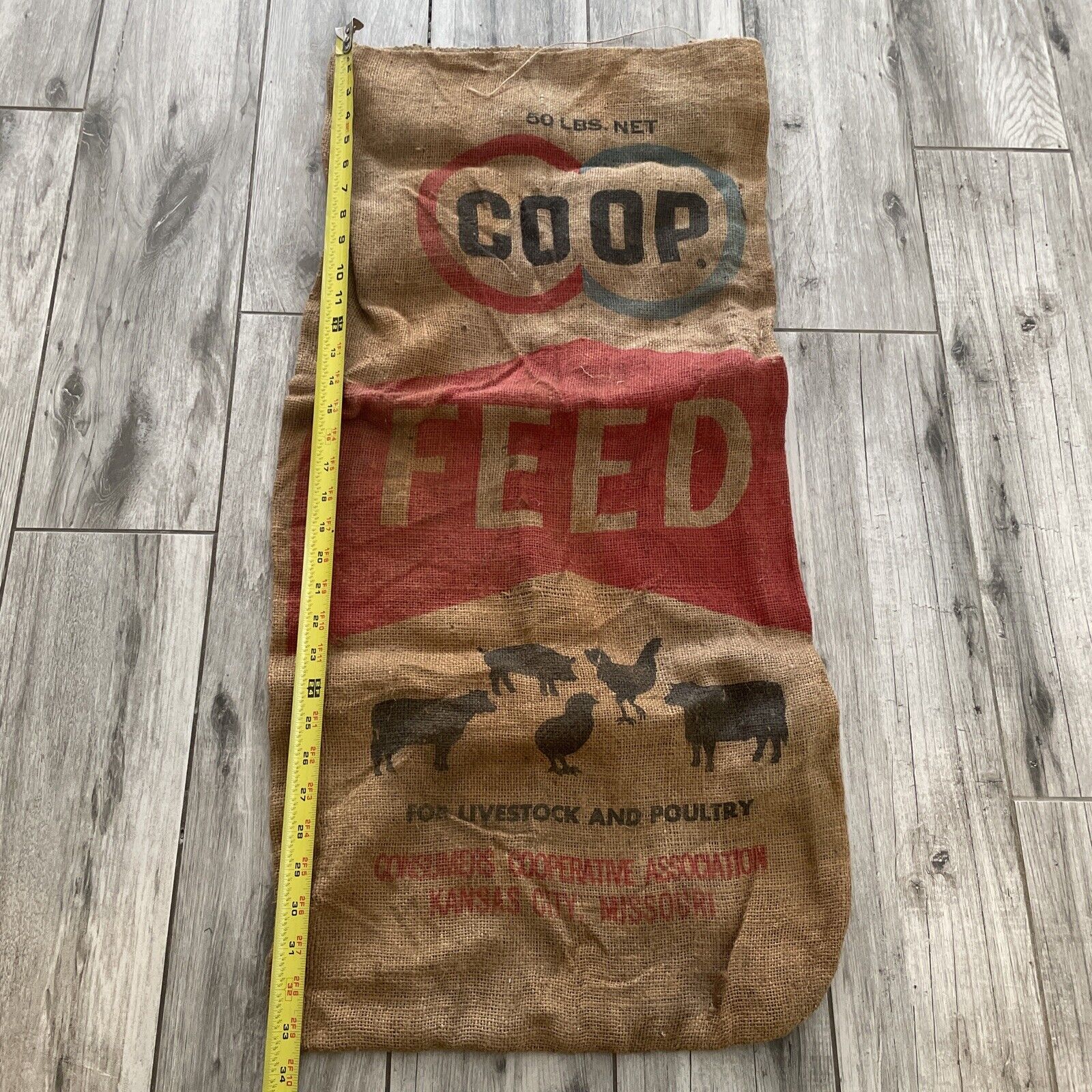 VTG COOP FEED Kansas City Missouri Advertising Burlap Feed Sack Farmhouse Rustic