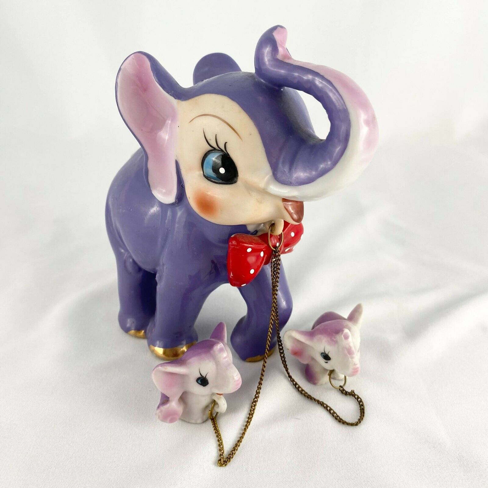 Vintage Handpainted Purple Ceramic Elephant Mother Pink Baby Charms Arnart Japan