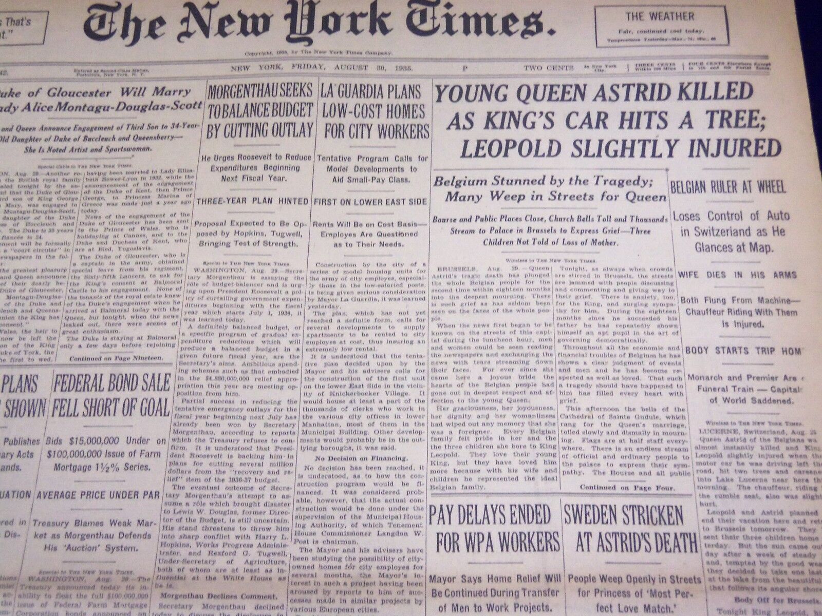 1935 AUGUST 30 NEW YORK TIMES - YOUNG QUEEN ASTRID KILLED - NT 1977