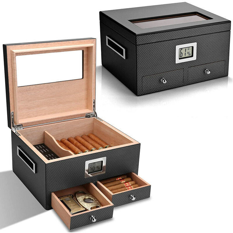 Cigar Humidor with Front Digital Hygrometer and Humidifier Cigar Storage Box