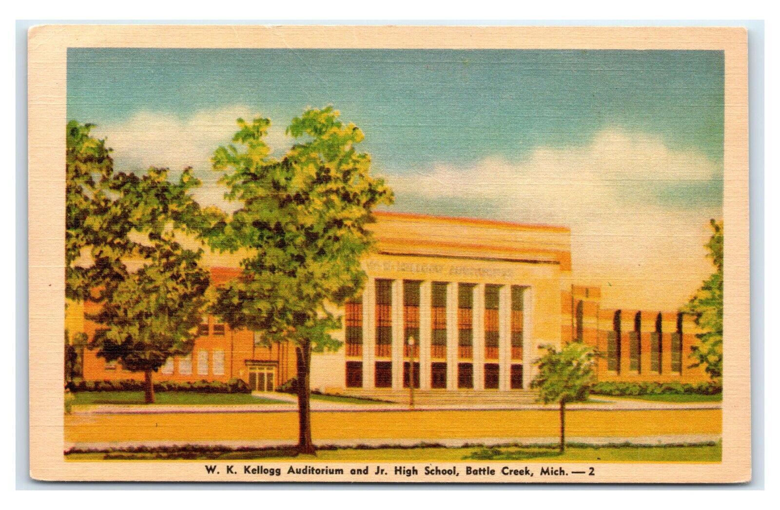 Postcard W K Kellogg Auditorium and Jr High School, Battle Creek, Michigan T47