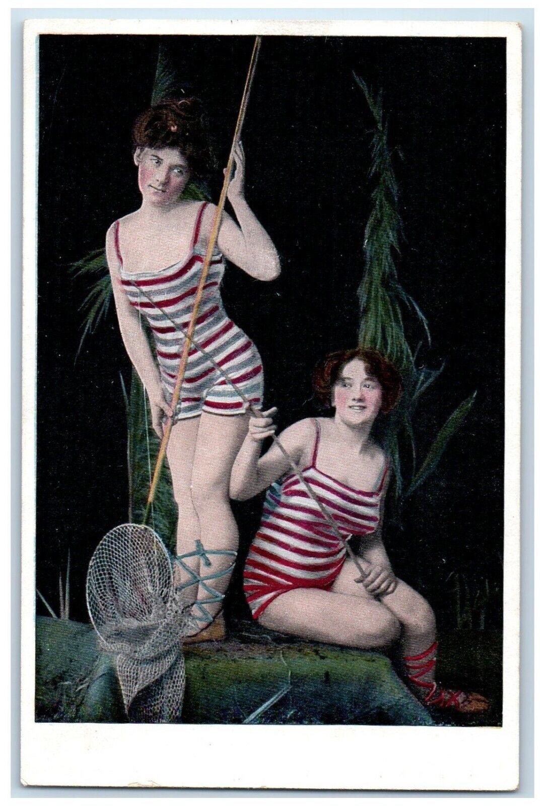c1910's Bathing Beauty Stripe Swimsuit Fishing Net Unposted Antique Postcard