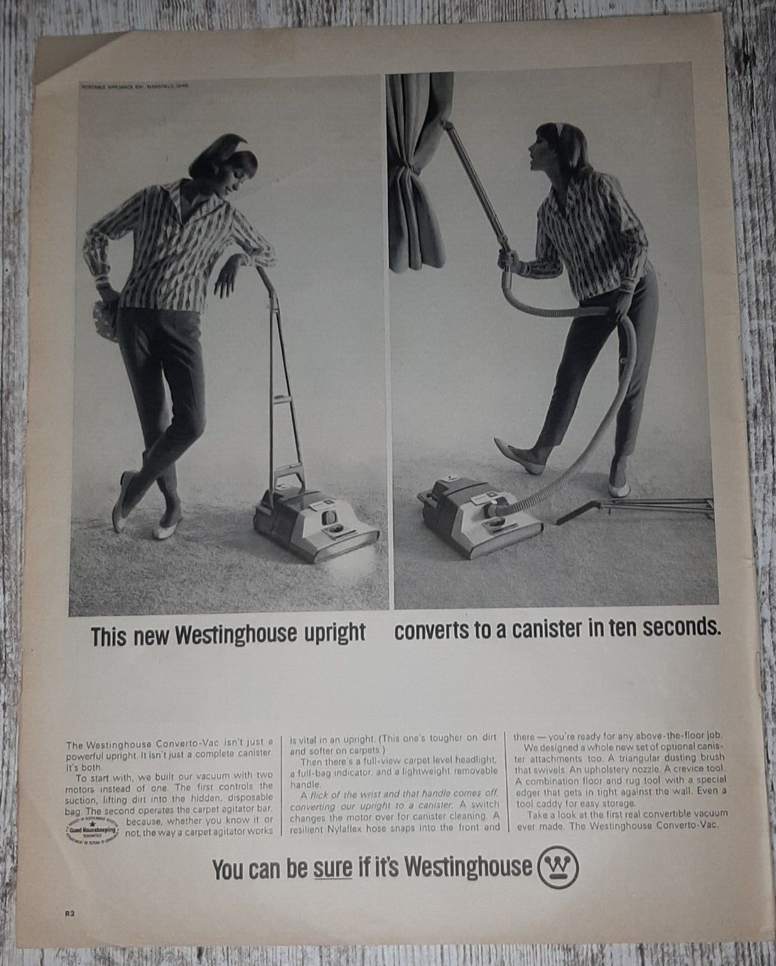1965 Westinghouse Vintage Print Ad Vacuum Upright Canister Pretty Housewife B&W