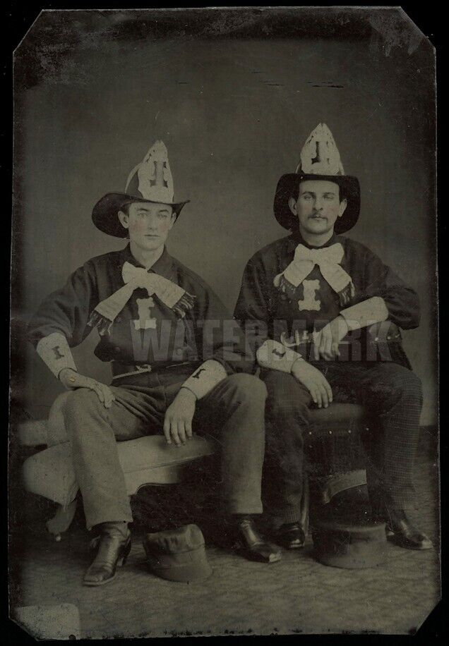 ANTIQUE TINTYPE PHOTO TWO HANDSOME FIREMEN HOSE NO. 1 LEATHER HELMETS 1800s