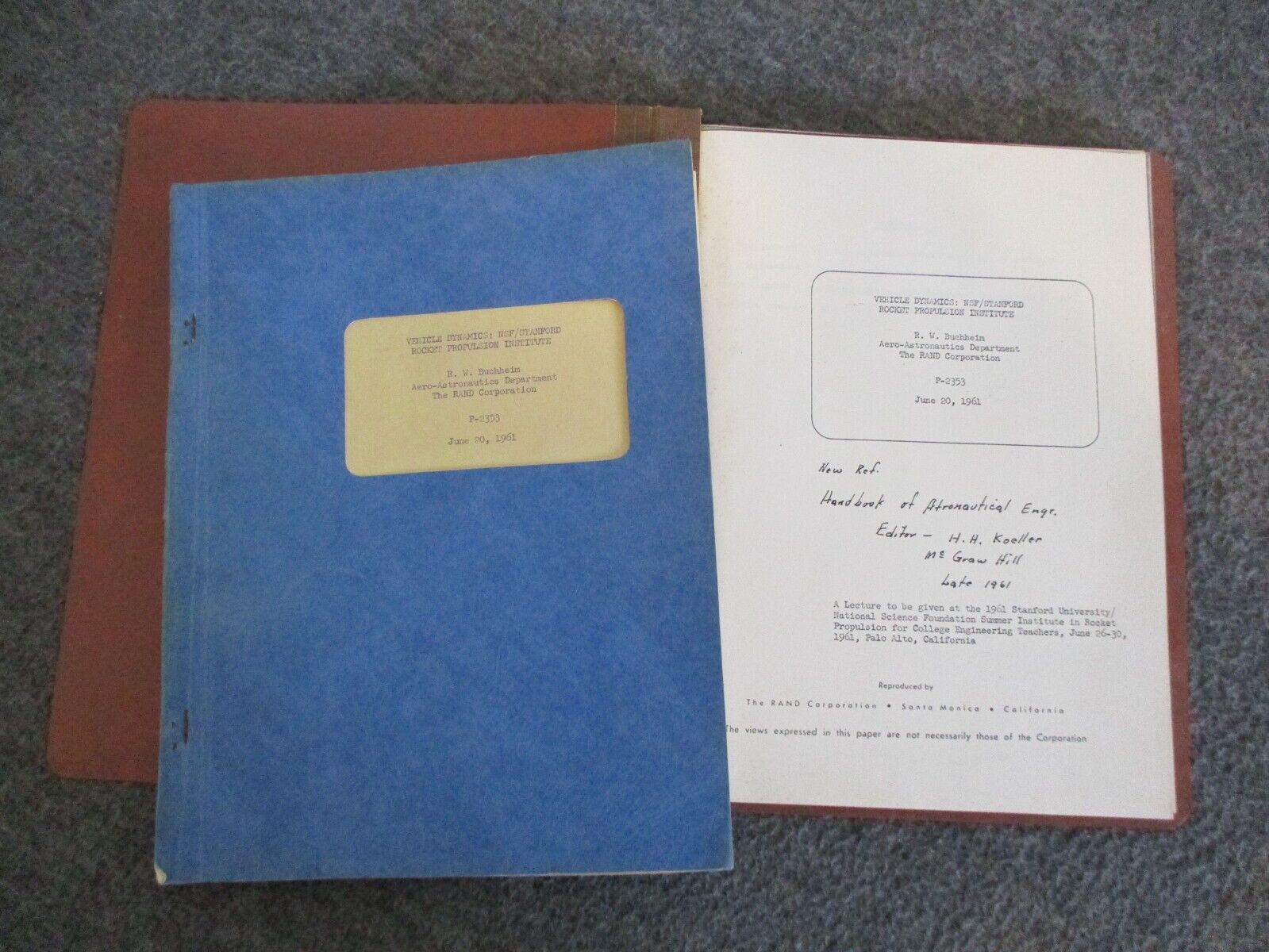 1961 NASA RAND VEHICLE DYNAMICS NSF/STANFORD ROCKET PROPULSION INSTITUTE BOOK