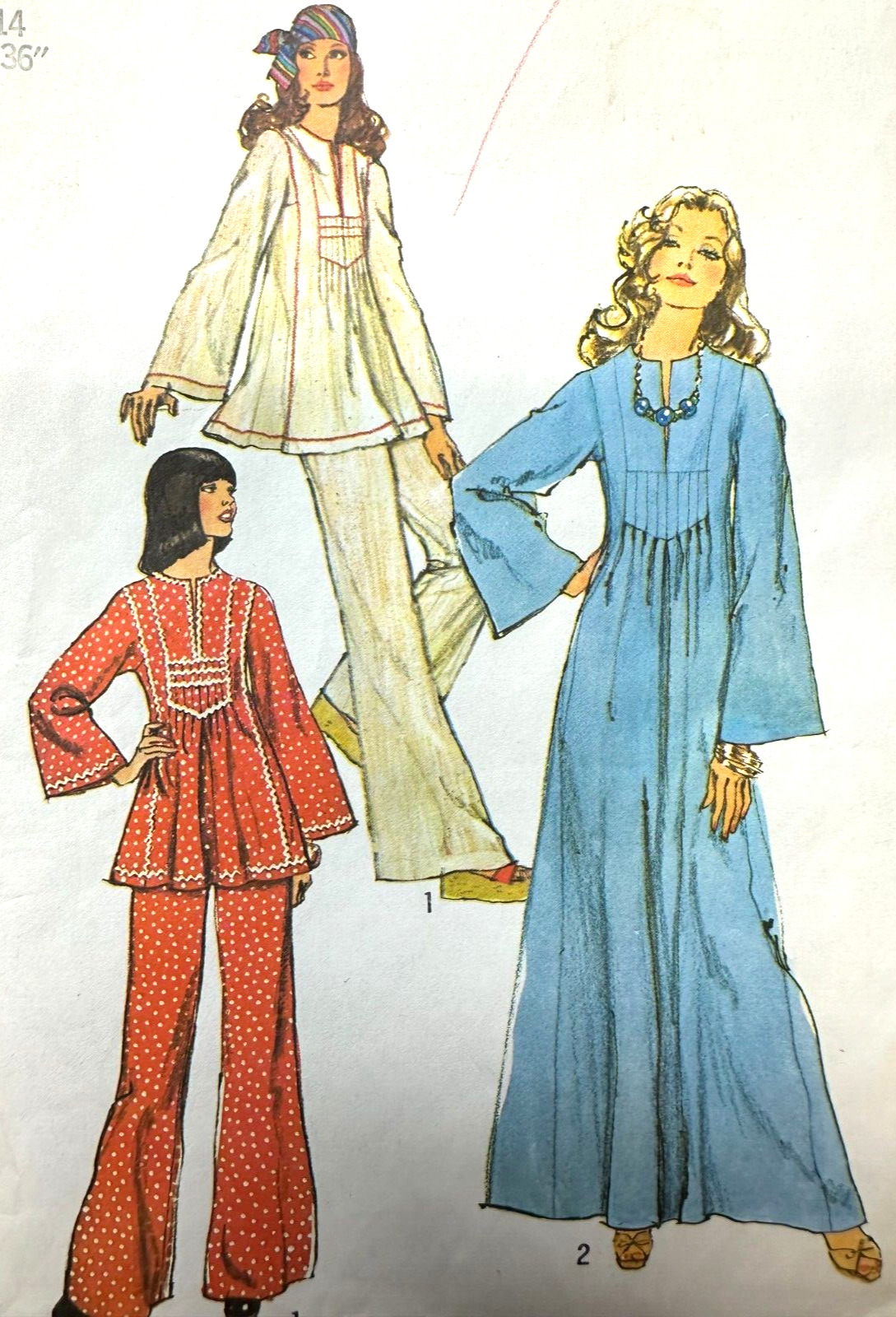 Vintage 1970s CAFTAN Pattern PLEATED YOKE FRONT TUNIC Pants Simplicity 6044 Sz14