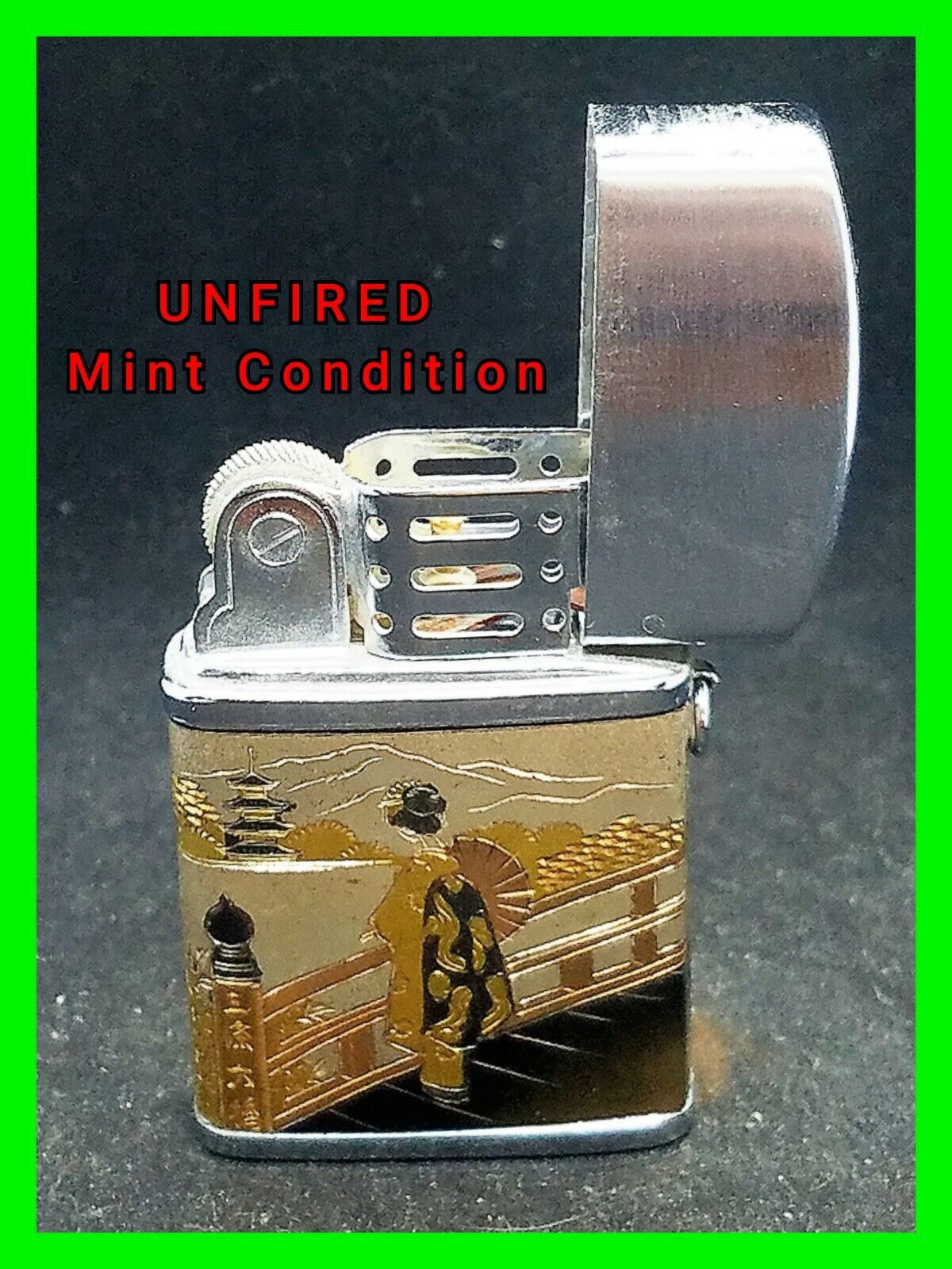 Rare Vintage Windmill Petrol Lighter w/ Beautiful Japanese Scene ~ Unfired Mint
