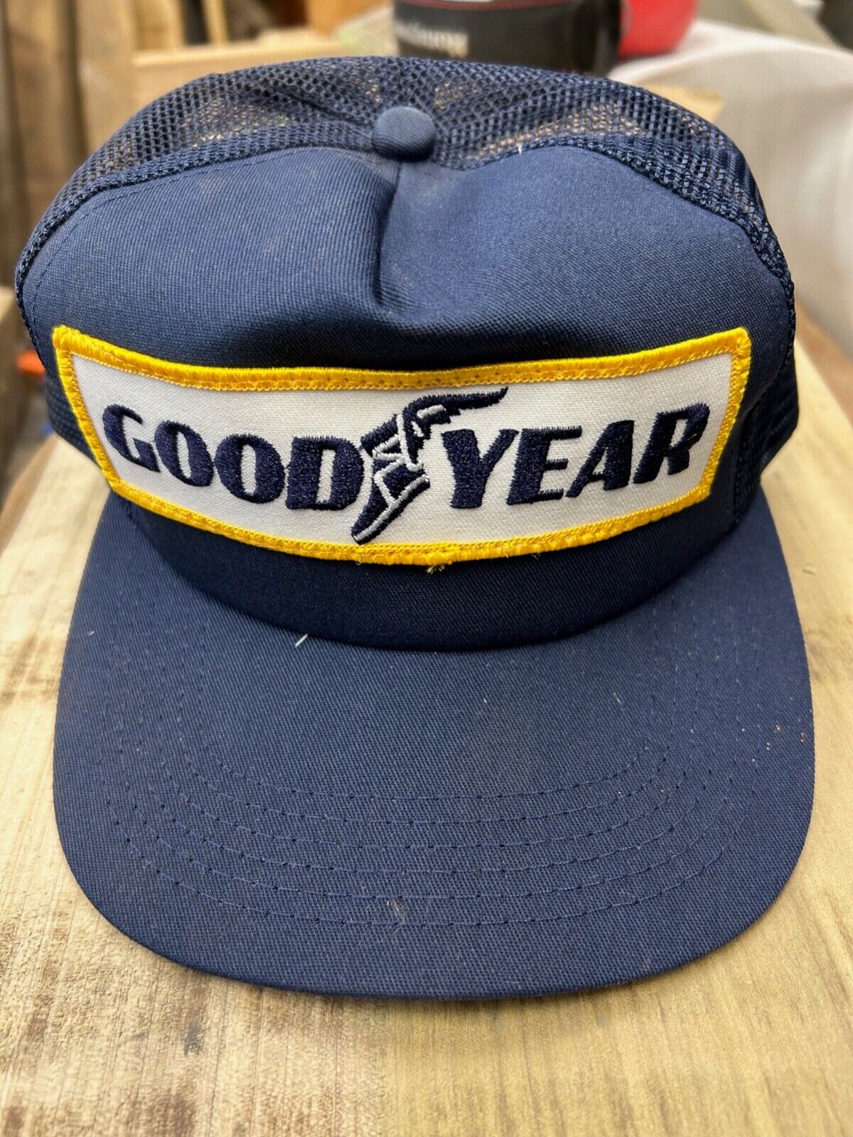 Vintage Goodyear  Vented Adjus Strap Trucker Hat / Ball Cap Blue, Gold & White