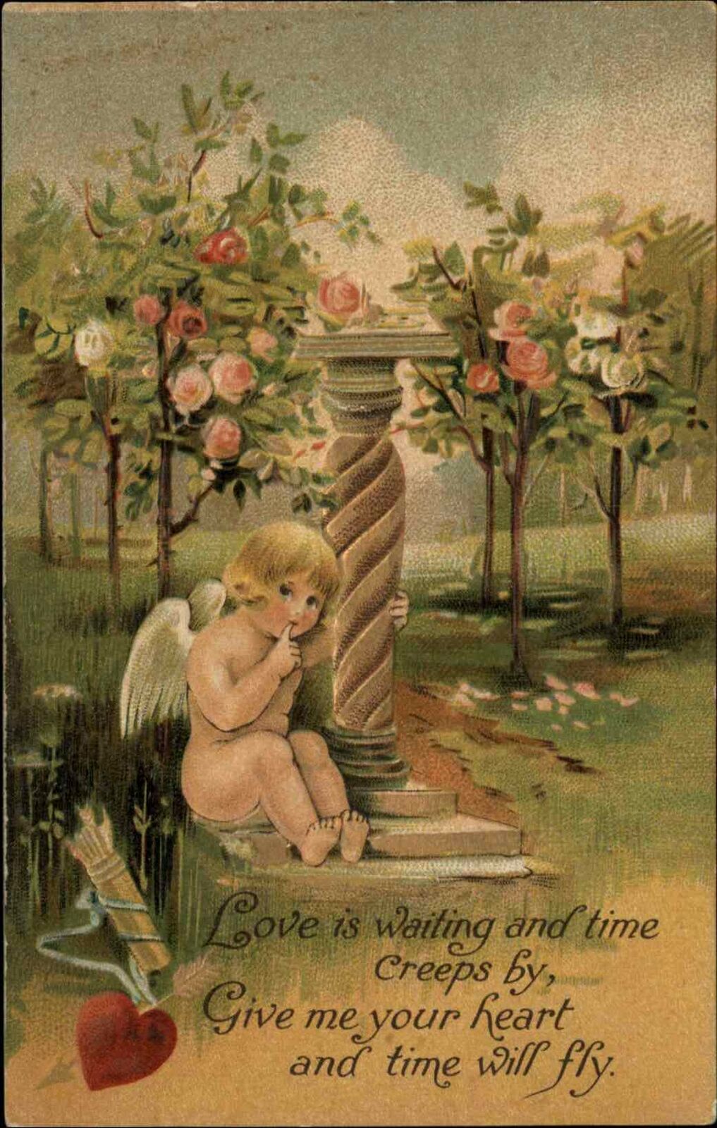 Valentine Fantasy Cupid With Urn Embossed c1910 Vintage Postcard