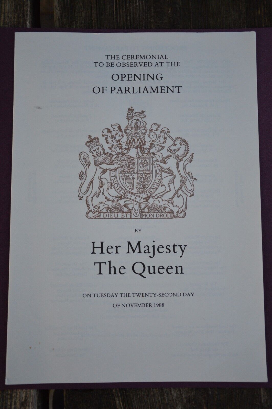 Queen Elizabeth II Opening of Parliament 1988 Order of Ceremony