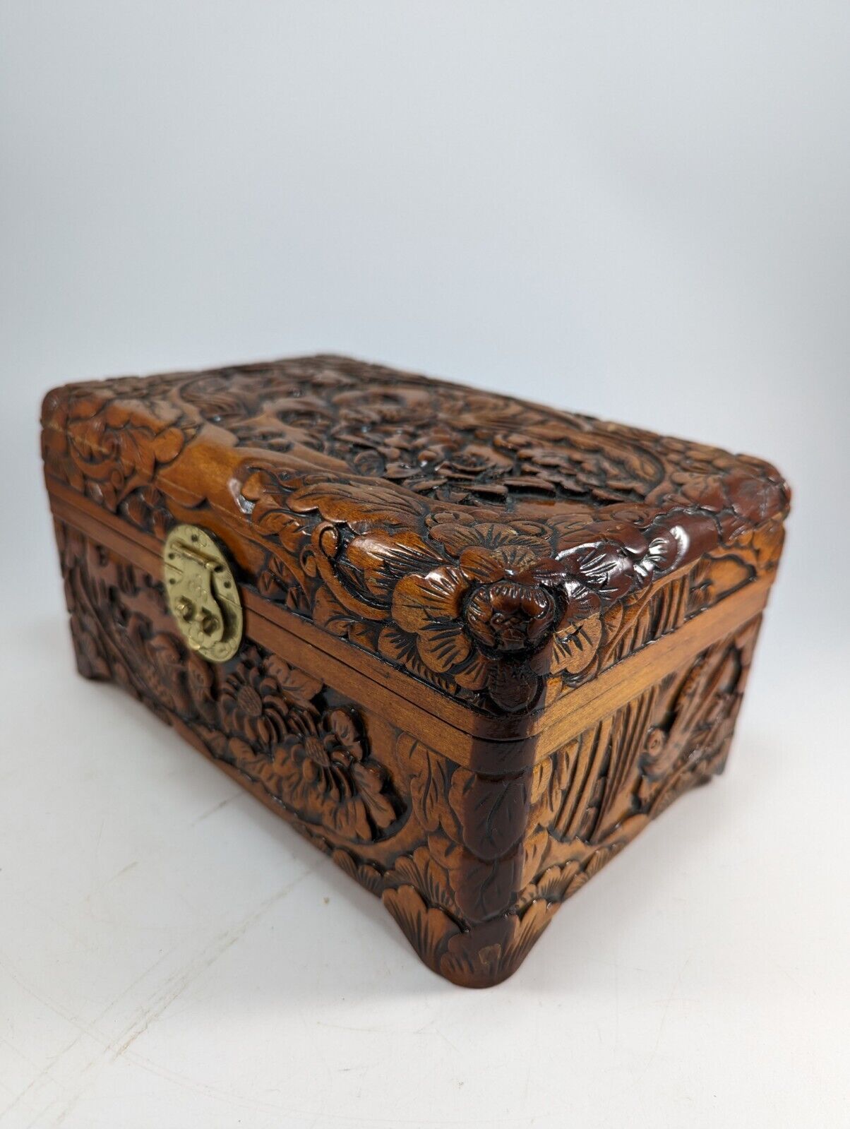 Vintage Hand Carved Wood Box with Intricately carved Birds Brass Lock Red Lining