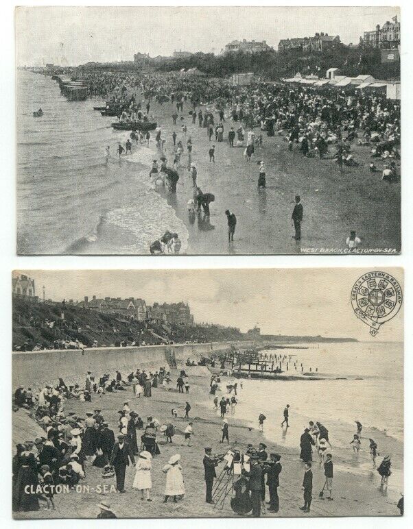 Clacton-On-Sea Essex England Beach Scenes Lot of 2 Old Postcards