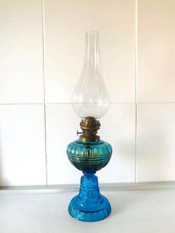 Antique Vintage Tall Blue Kerosene Oil Lamp Cobalt Glass Chimney Brevete France