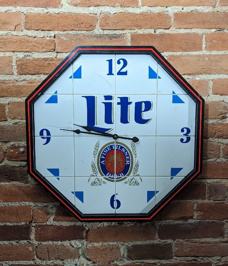 Vintage Miller Lite Octagon Tile Clock Sign 1989 Man Cave Garage Bar RARE 20X20