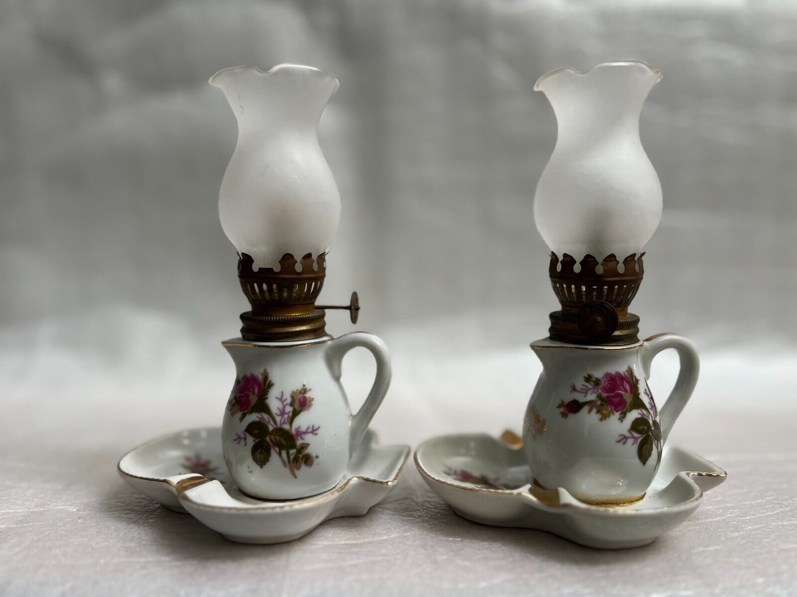 Pair of Mini Oil Kerosene Lamp Pink Rose Porcelain Made in Japan