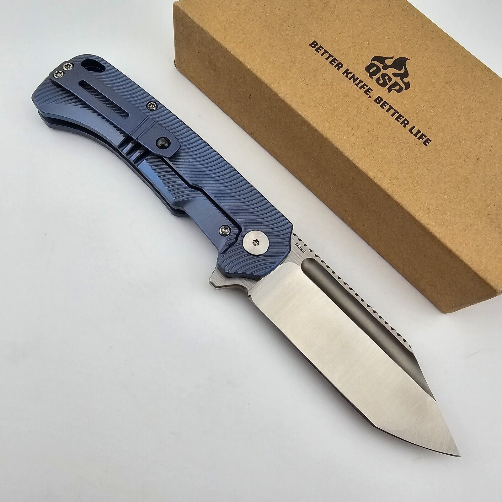 QSP Rhino Folding Knife Blue Line Textured Titanium Handles M390 Blade QS143-I