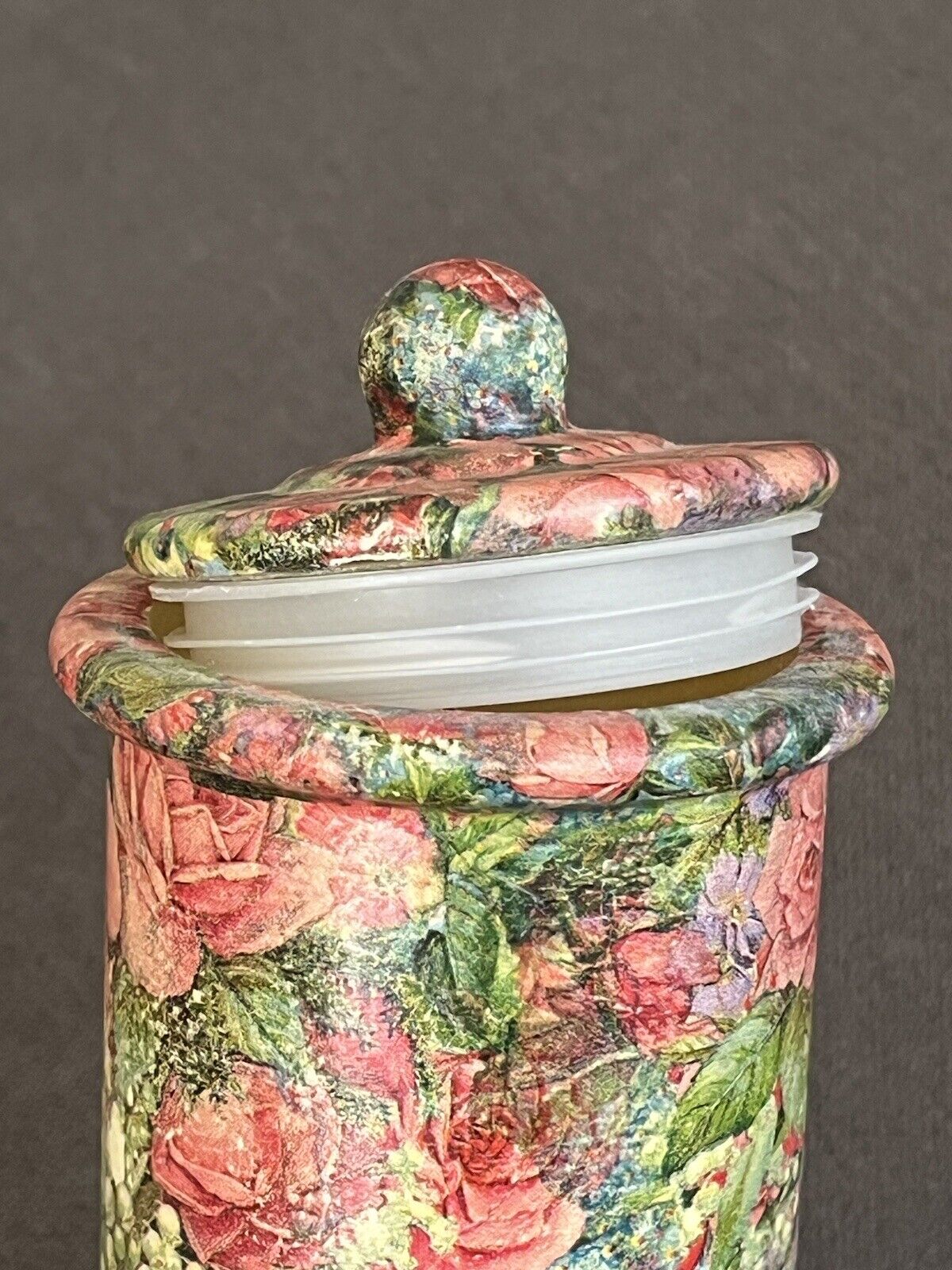 Hair Stylist Barber Tool Apothecary Jar Floral Print Covered Glass Container VTG