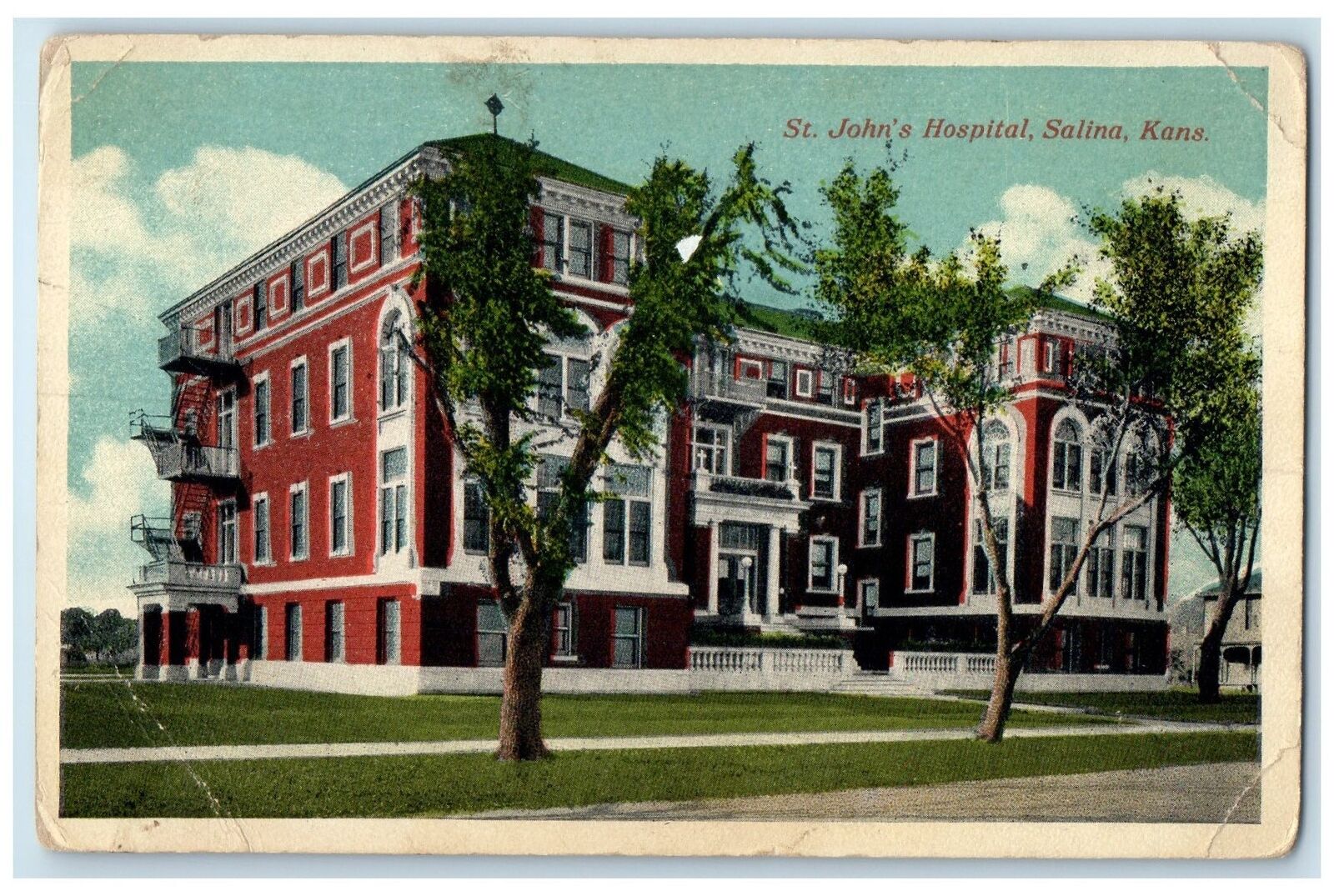 c1950's St. John's Hospital Building Roadside Entrance Salina Kansas KS Postcard