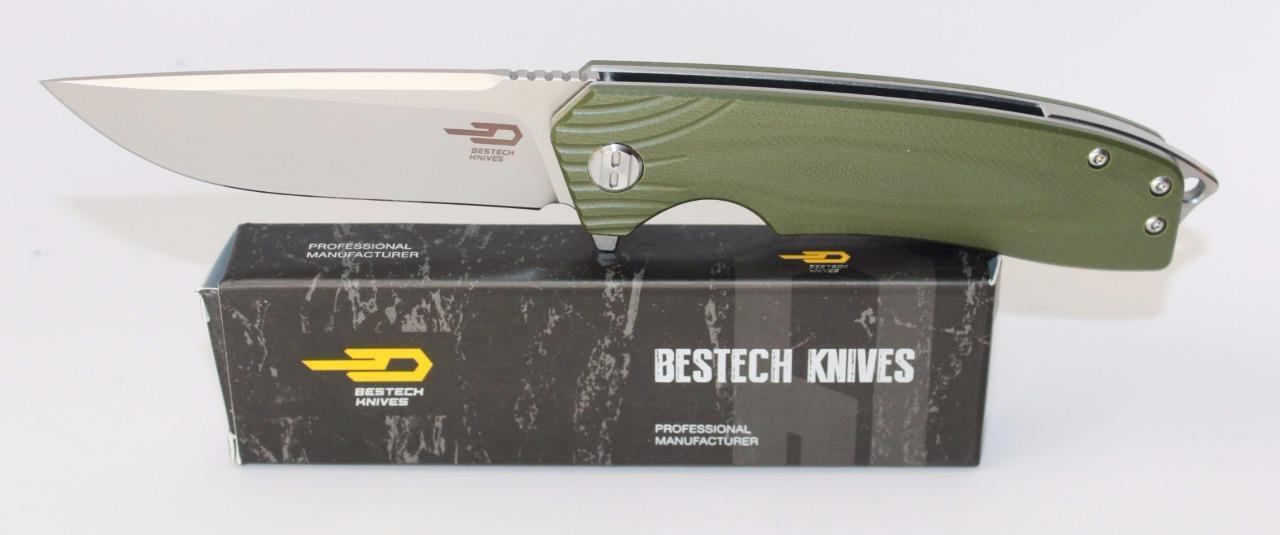 Bestech Knives BG01B Lion Flipper Knife Green G-10 Handle D2 Plain Edge