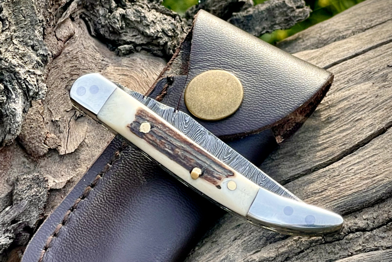 SHARD™ HAND FORGED Texas Toothpick Damascus Stag/Antler Folding Pocket Knife