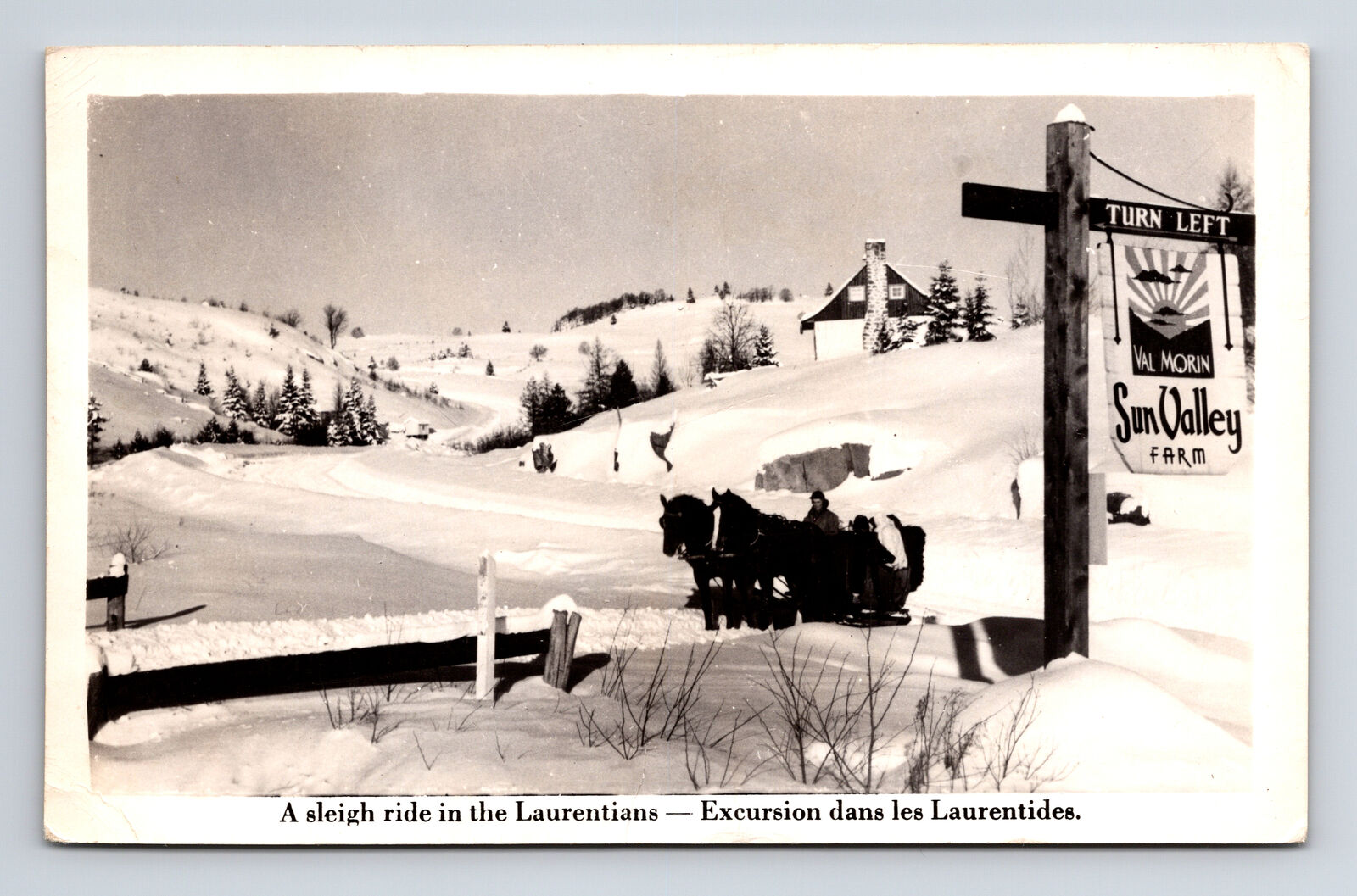 c1951 RPPC Val Morin Sun Valley Farm Snow Sleigh Ride Montreal Postcard