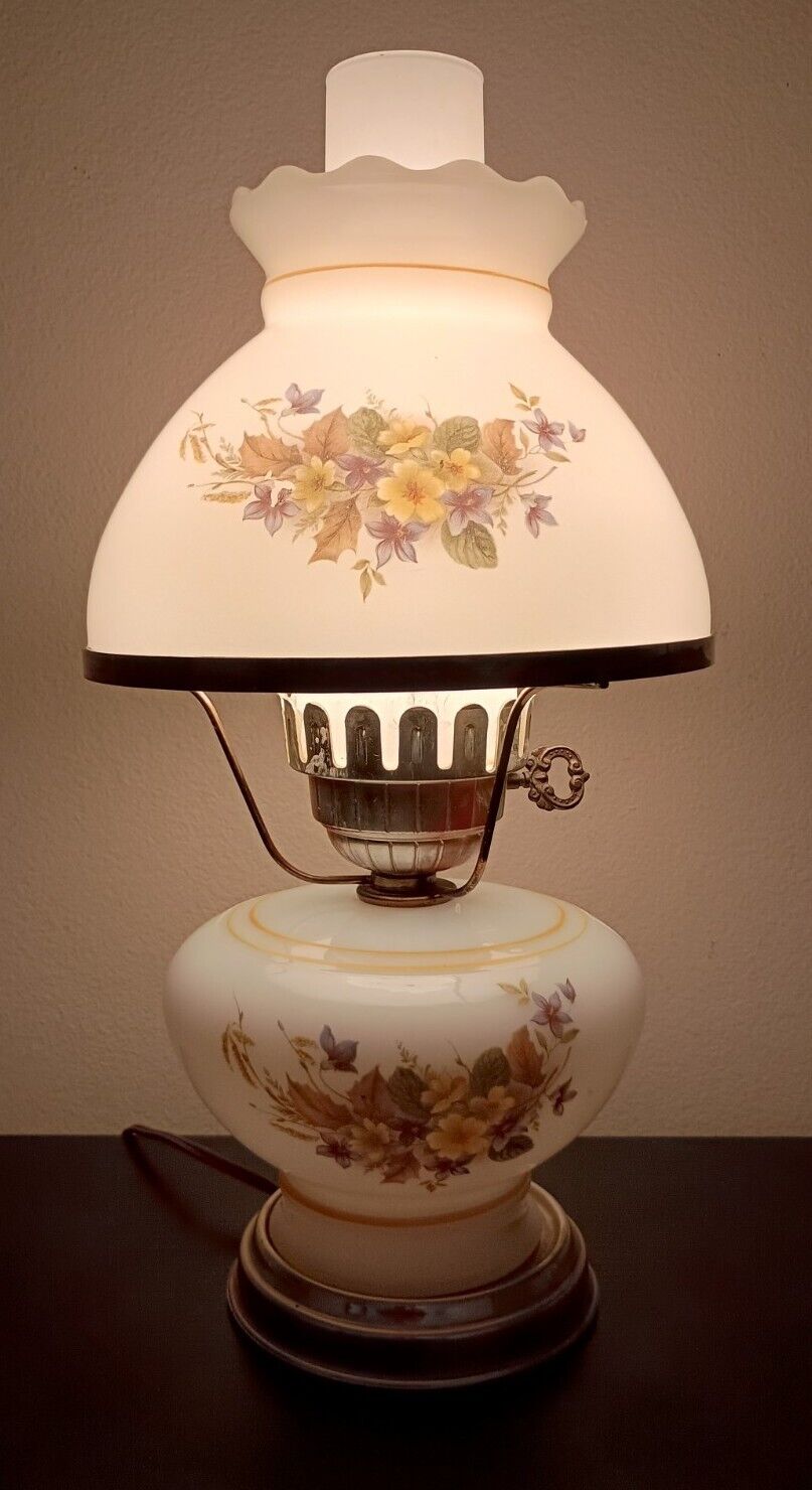 Hurricane Lamp Double Globe 3 way Milk Glass Floral Design