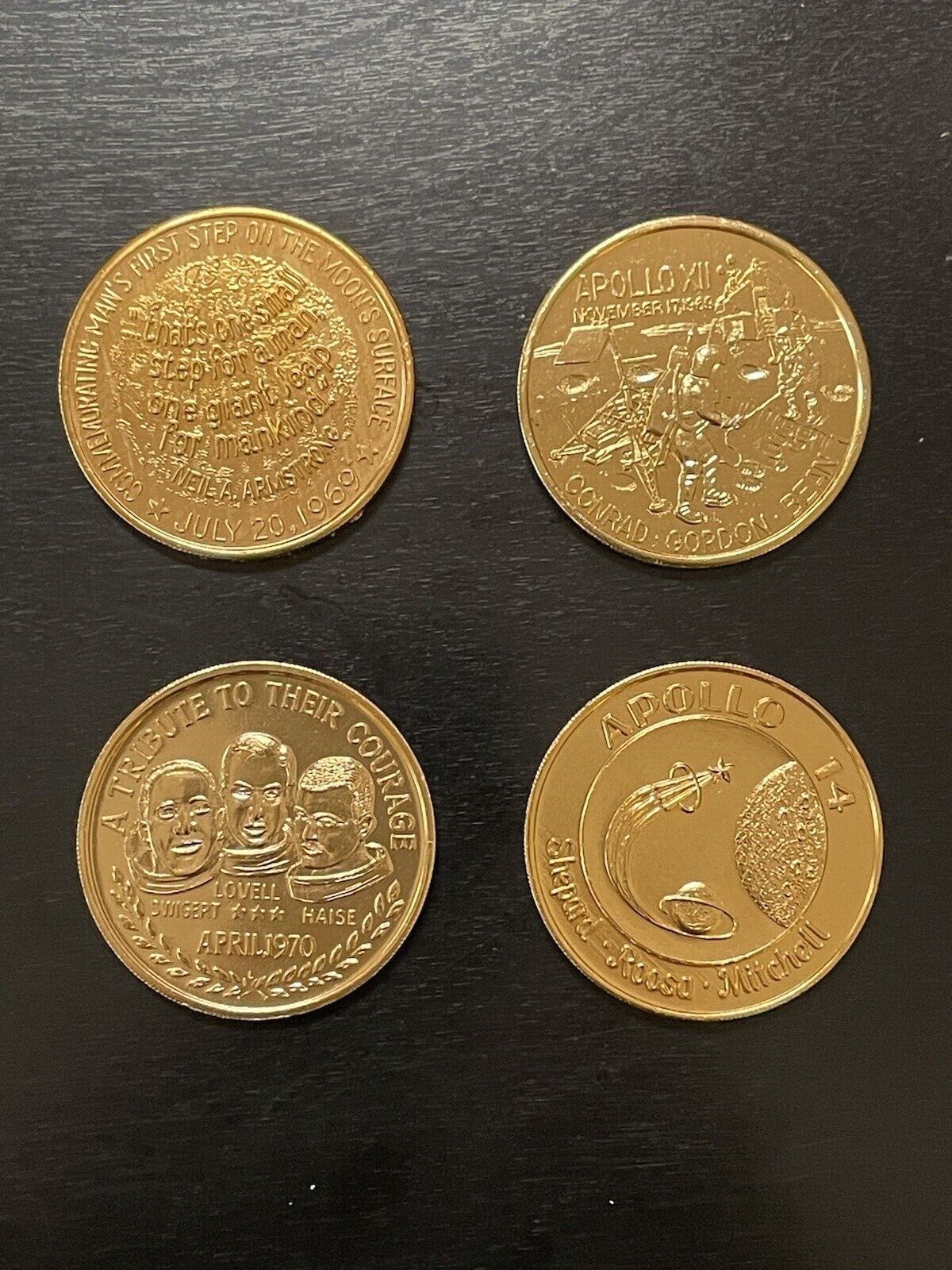 Apollo Missions #11-14 lot of gold commemorative coin tokens (1969 - 1971)