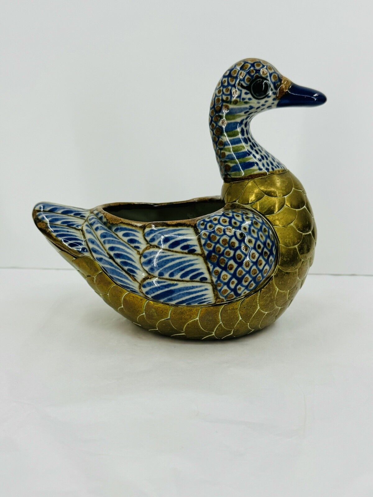 Vintage Mid-Century Modern Tonala Brass & Ceramic 7” Duck Planter