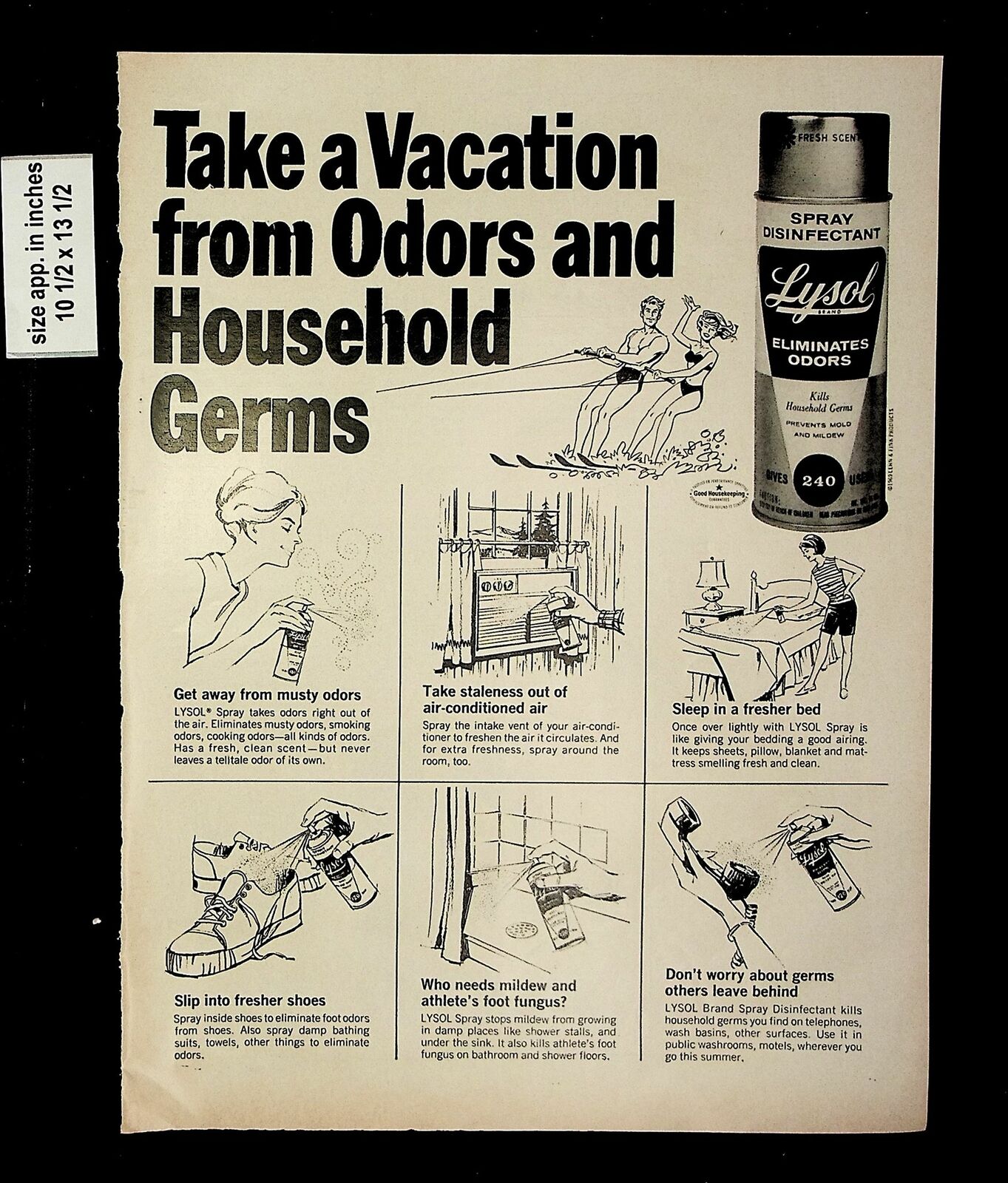1969 Vacation from Odors Household Germs Lysol Vintage Print Ad 016429