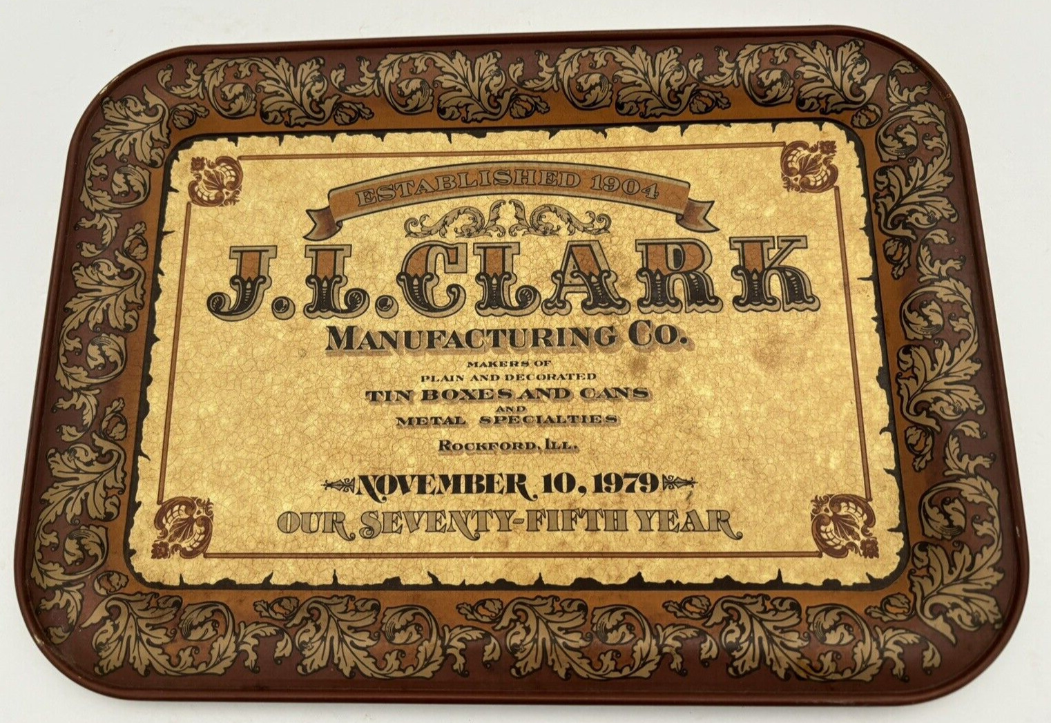 Vintage 1979 J.L.Clark Mfg. Co.  Rockford Advertising Metal Tray 12\