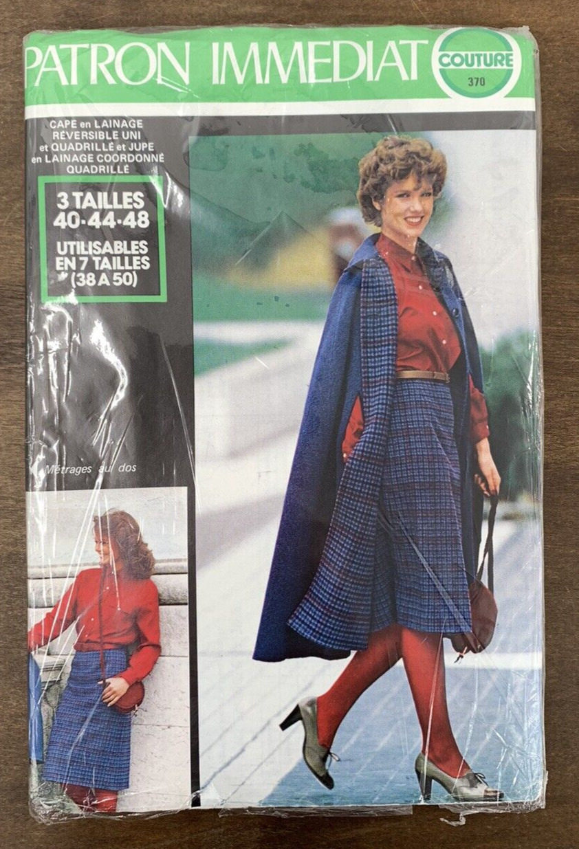 VTG Patron Immediat French Sewing Pattern 80s Cape & Skirt Factory Folded Sz 48
