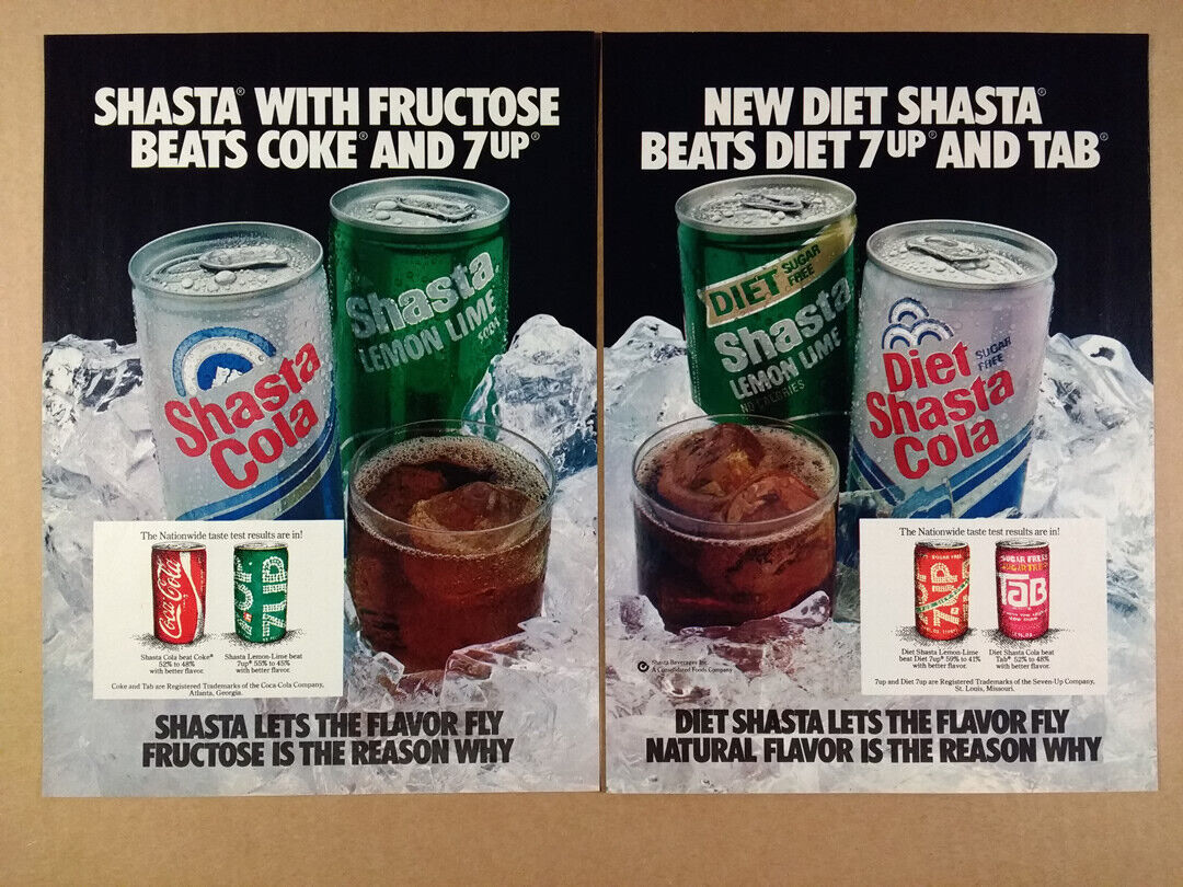 1980 Shasta Cola with Fructose beats Coke & 7up in Taste Test vintage print Ad