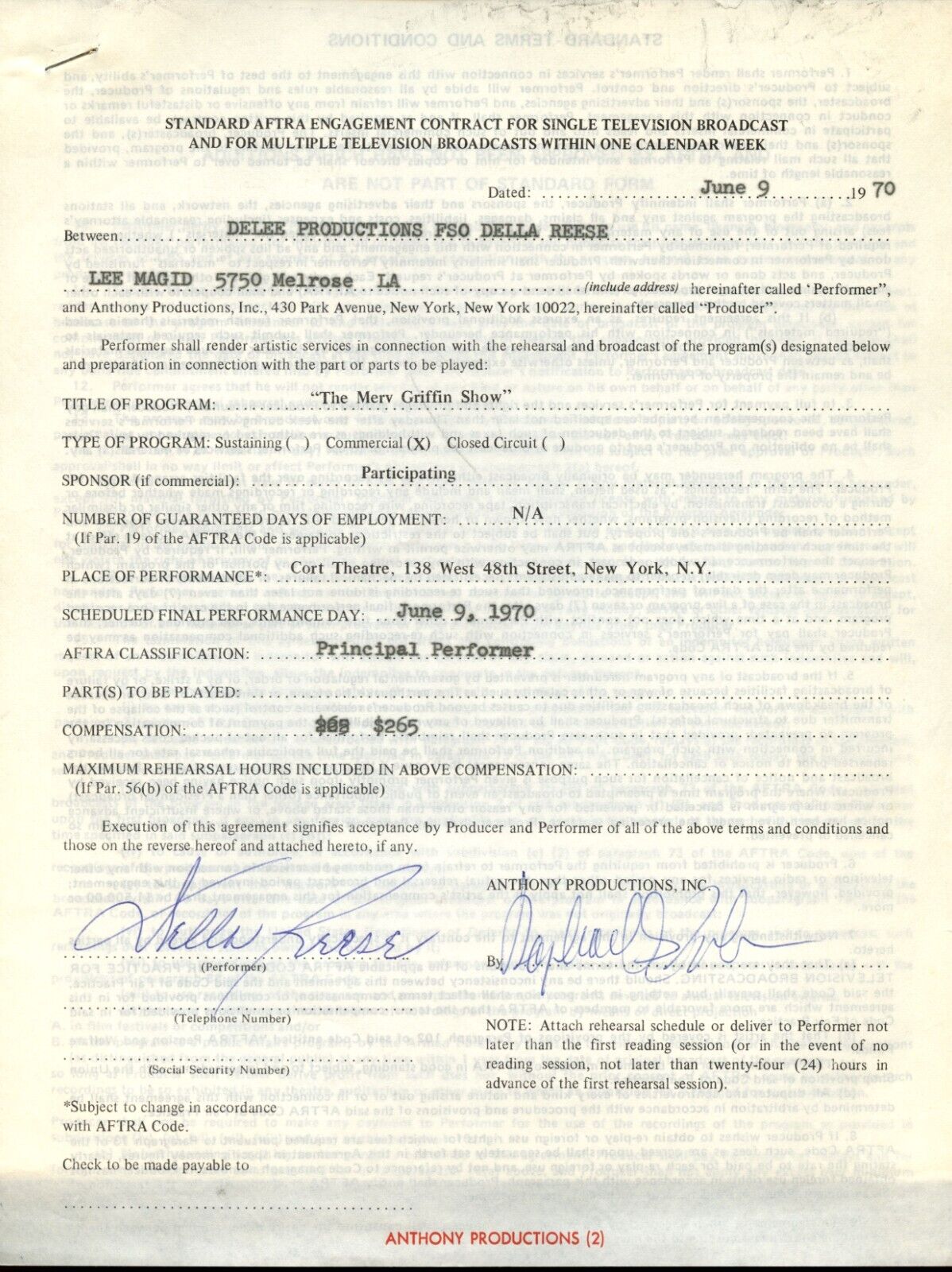 Della Reese signed autograph 8.5x11 Original Merv Griffin 1970 Show Contract