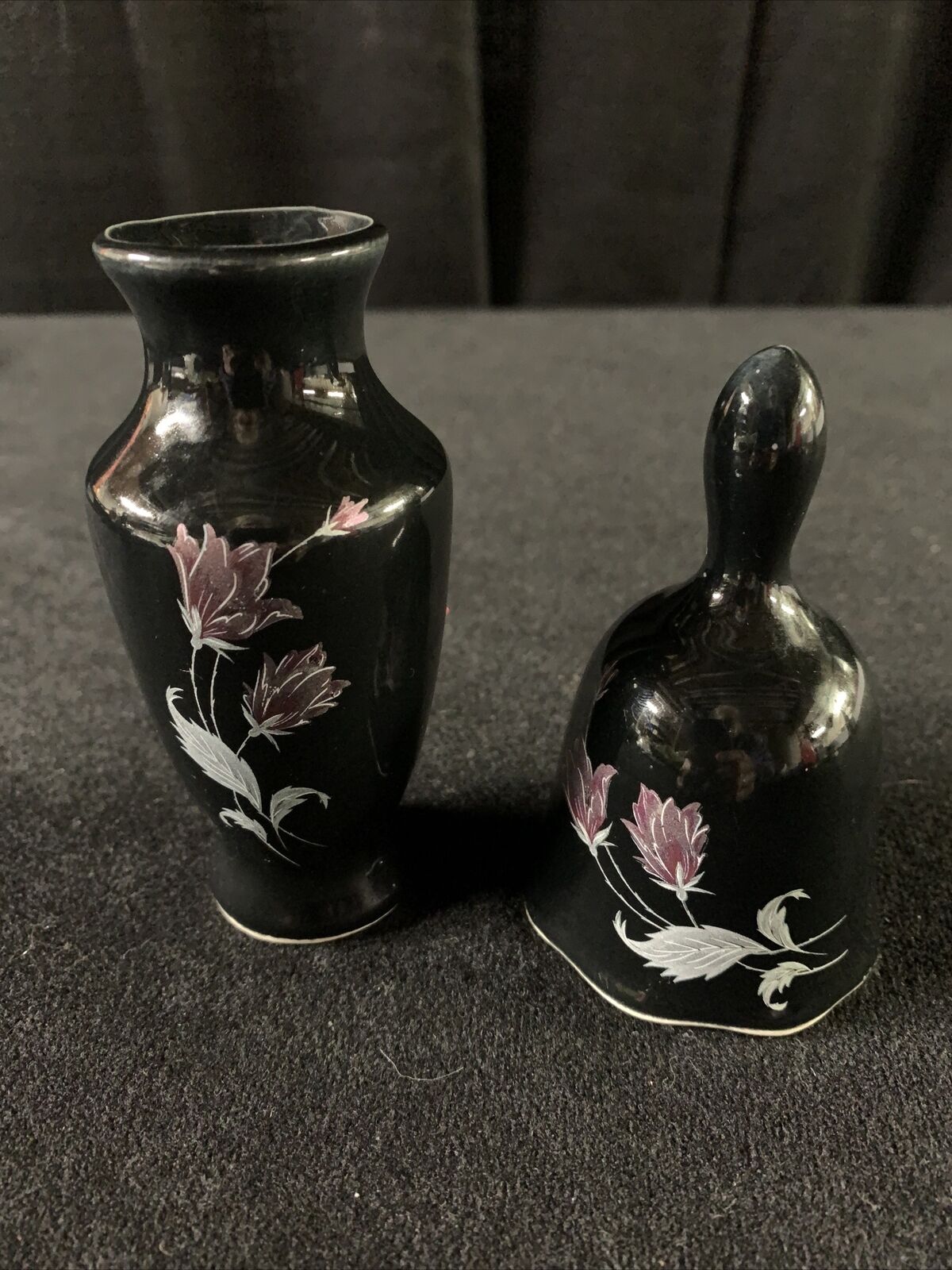 Vintage Mini Black Vase & Dinner Bell Purple Flowers. Set/2