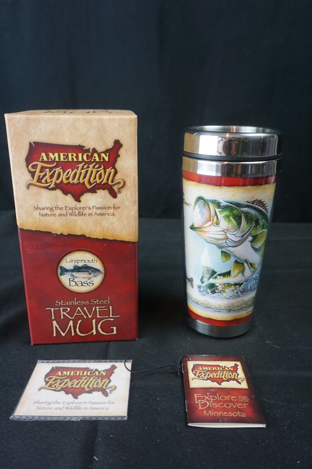 American Expedition Large Mouth Bass Fishing Coffee Cup Mug Stainless 16oz  NEW